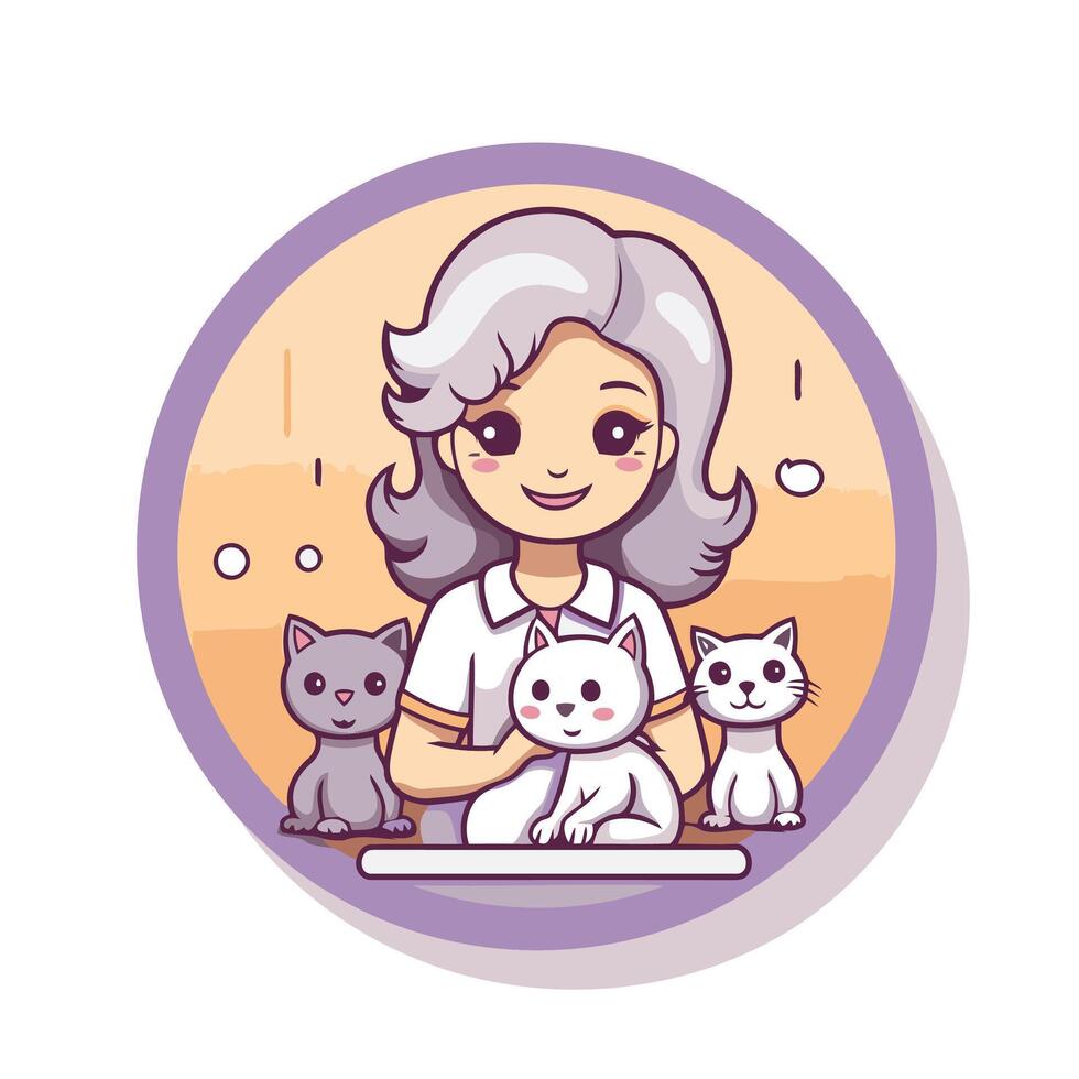 An old woman with cats and kittens in a circle vector