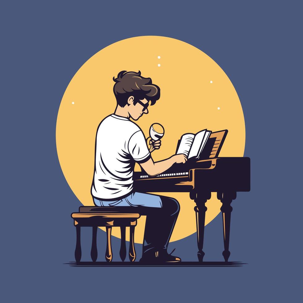 A man is playing the piano and reading a book vector