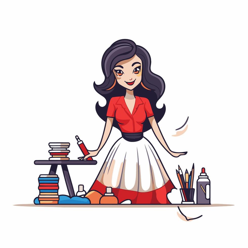 A woman in an apron is sitting at a table with a bunch of supplies vector