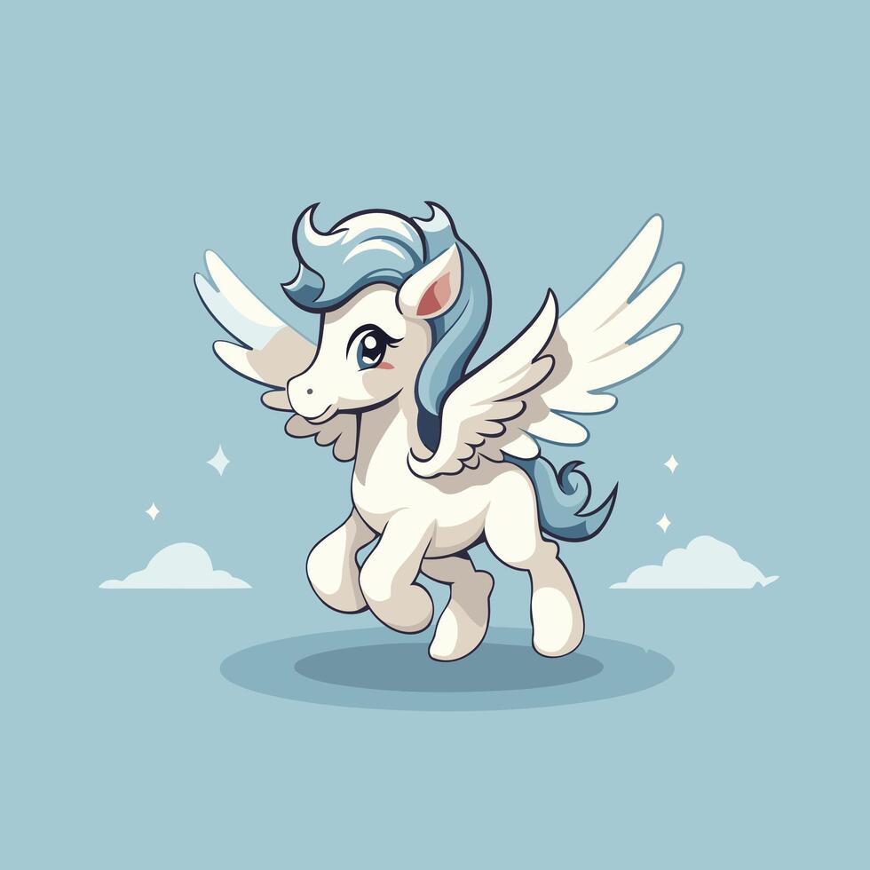 A cartoon white horse with blue wings vector