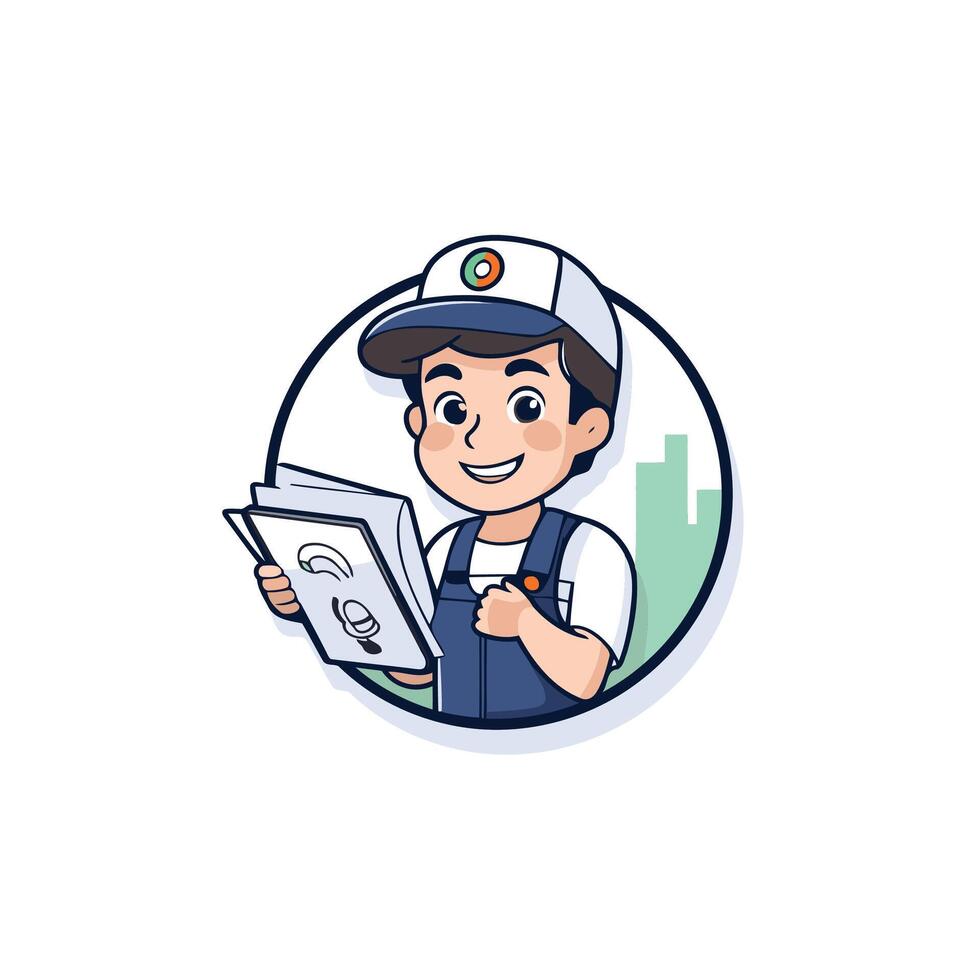 A cartoon character holding a paper and a pen vector