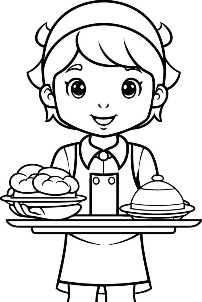 Coloring pages of a waitress with food coloring pages vector