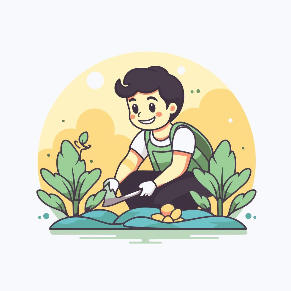 A man is working in the garden with a shovel vector