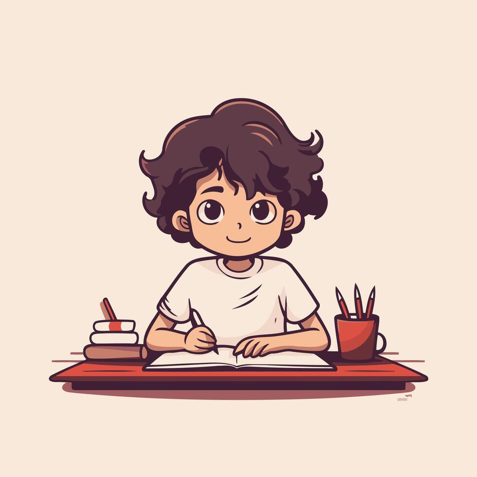 A cartoon boy sitting at a desk with a book and pencil vector