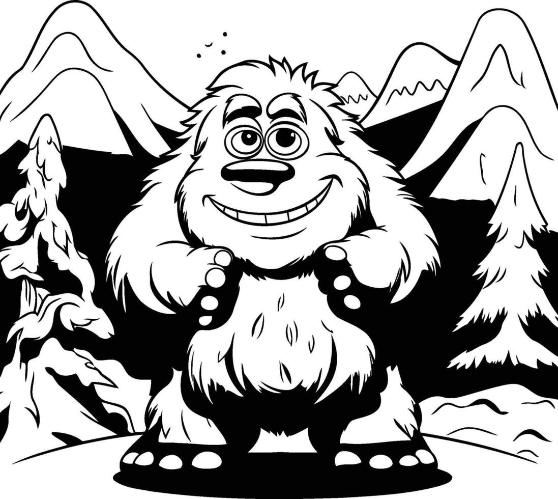 A cartoon yeti in the mountains coloring page vector