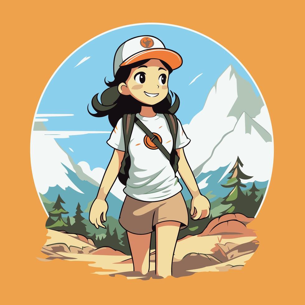 A cartoon girl with a backpack and hat vector
