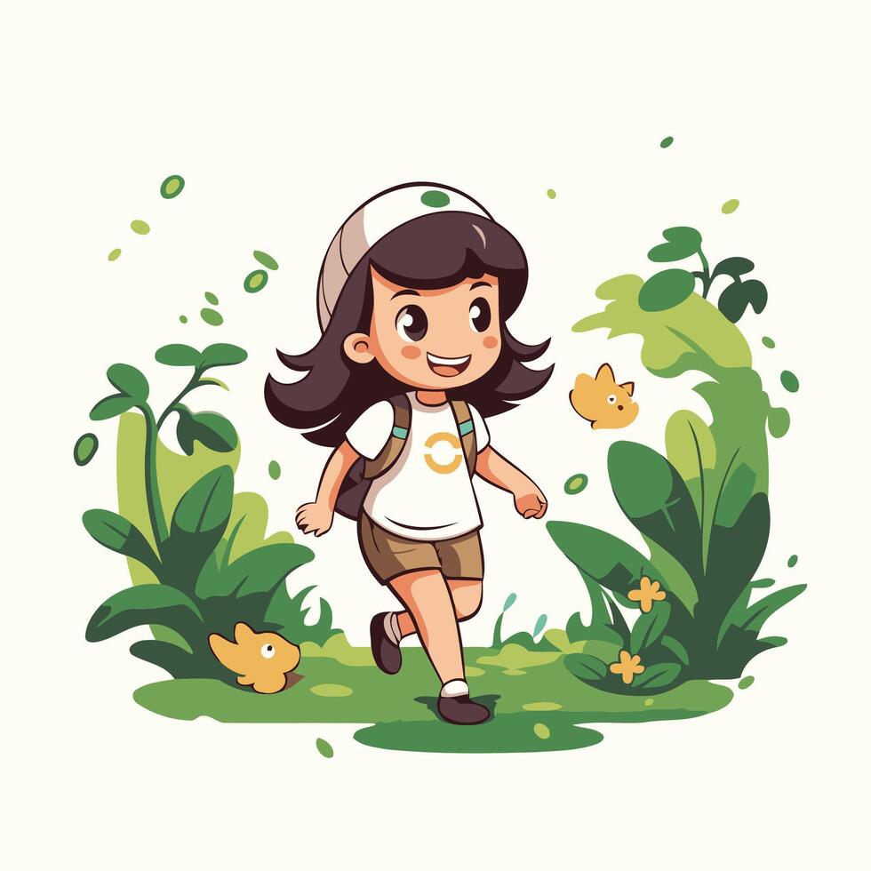A cartoon girl walking through the forest vector