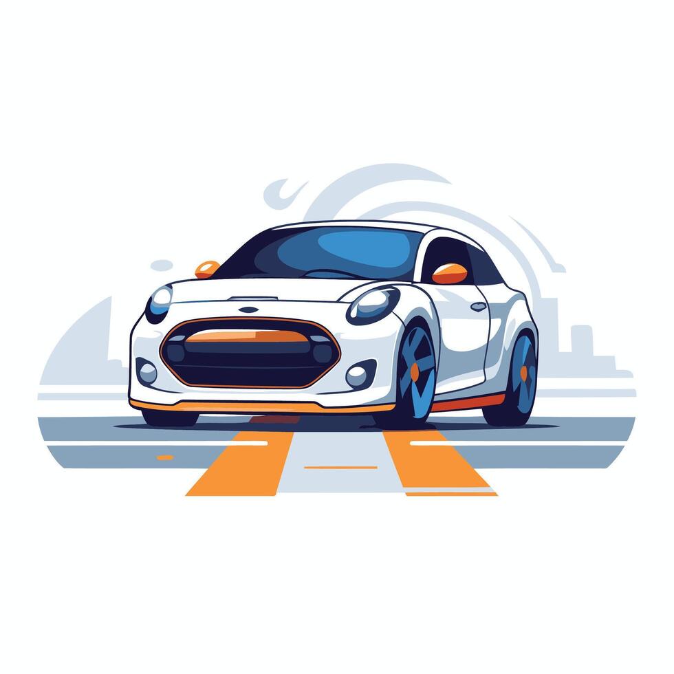 A cartoon car on the road with a city skyline in the background vector
