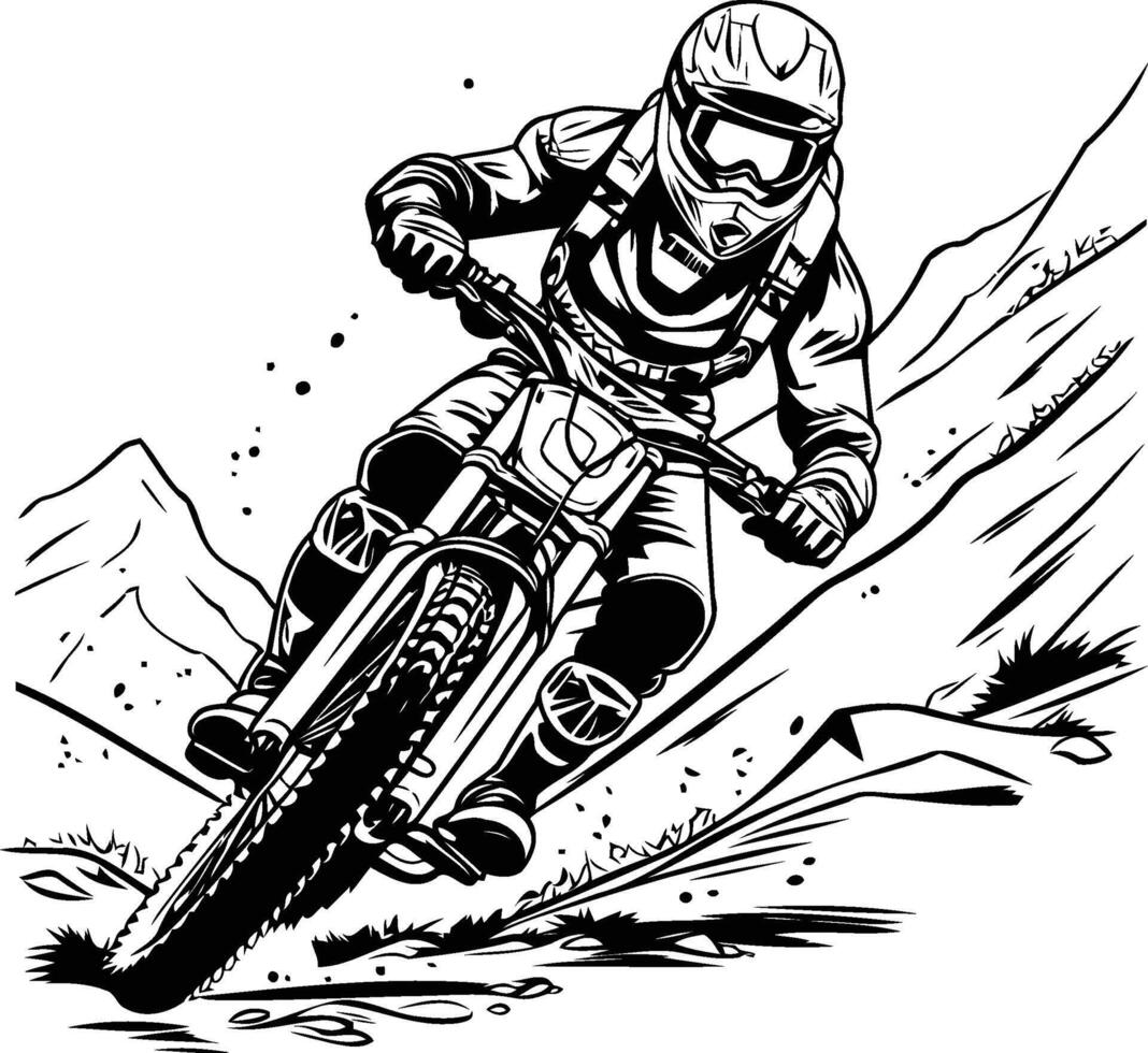 A black and white drawing of a mountain biker vector