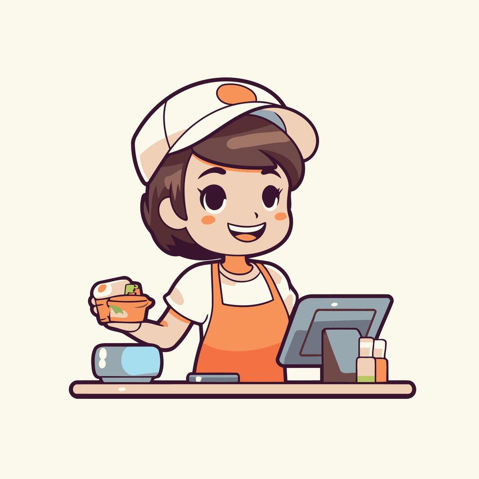 A cartoon character holding a bag of food vector