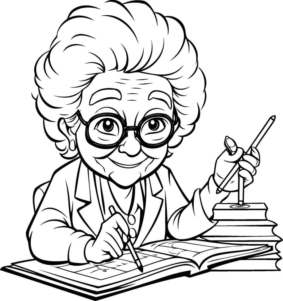 An old woman writing on a book coloring page vector
