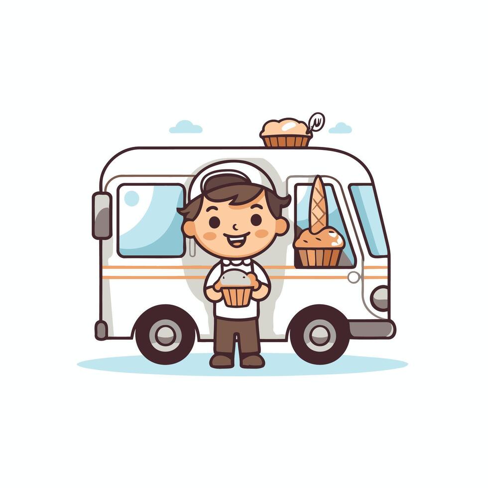 A man holding a loaf of bread next to a food truck vector