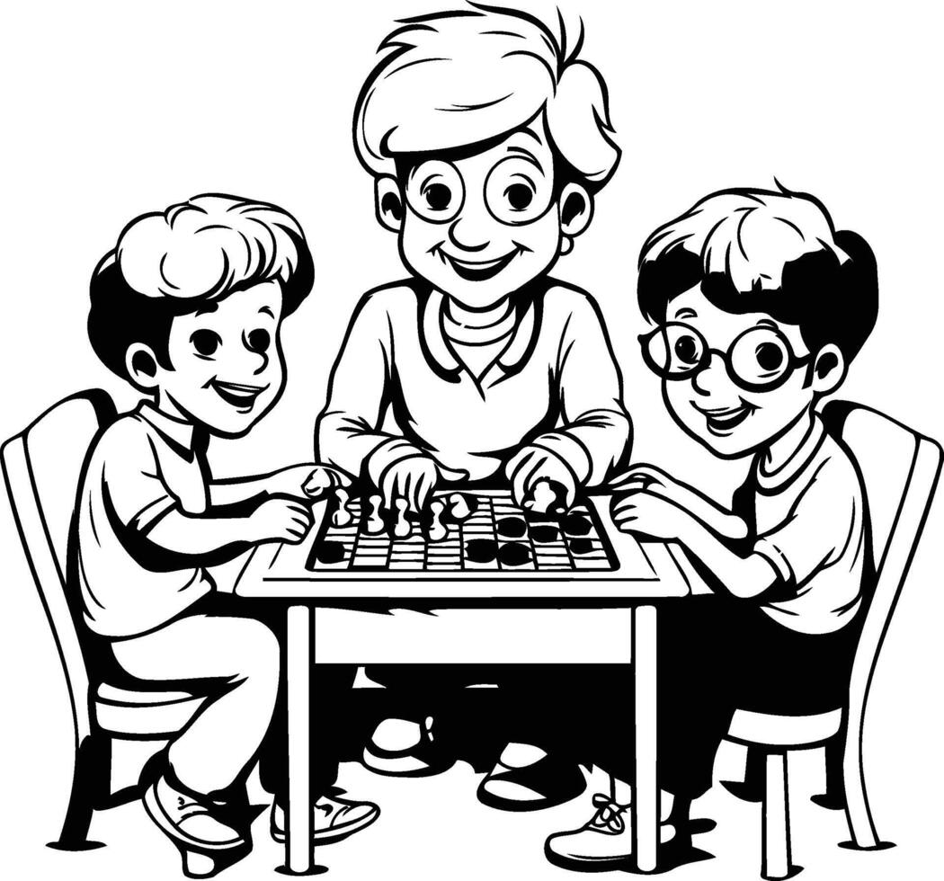 Black and white drawing of three children playing checkers vector