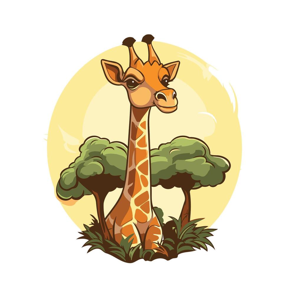 Cartoon giraffe with trees and sun in background vector