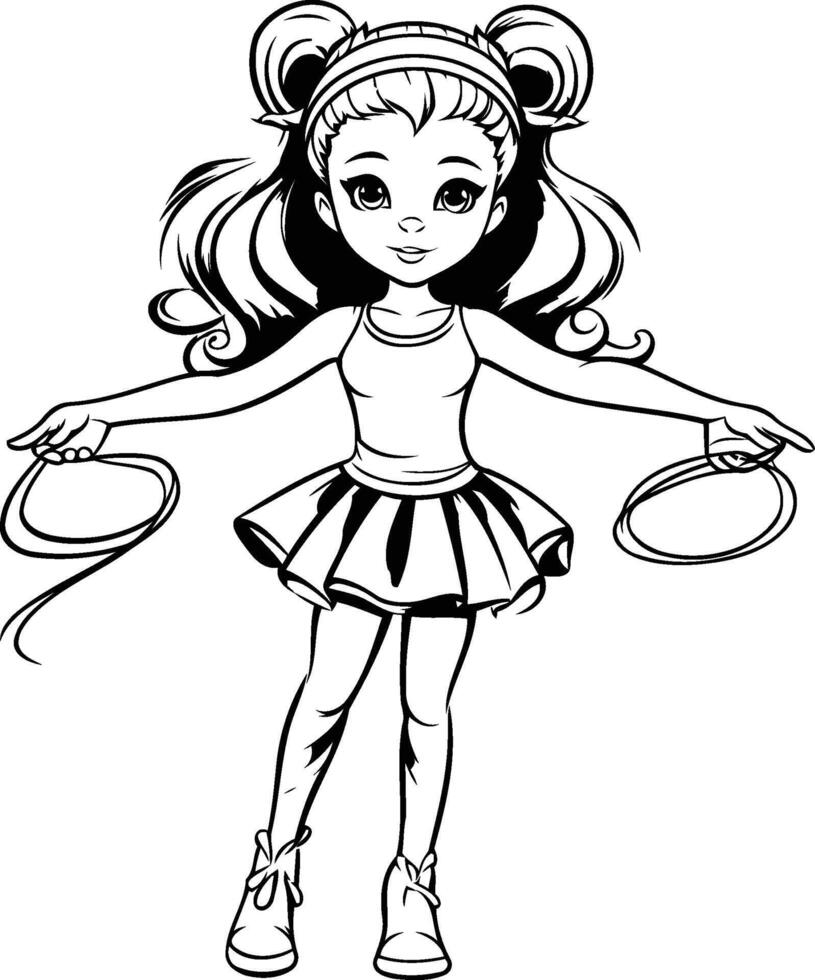 A girl with a skipping rope coloring page vector