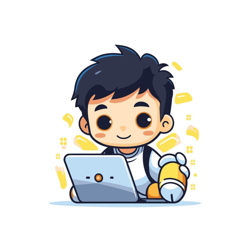 A cartoon boy sitting at a laptop with a teddy bear vector