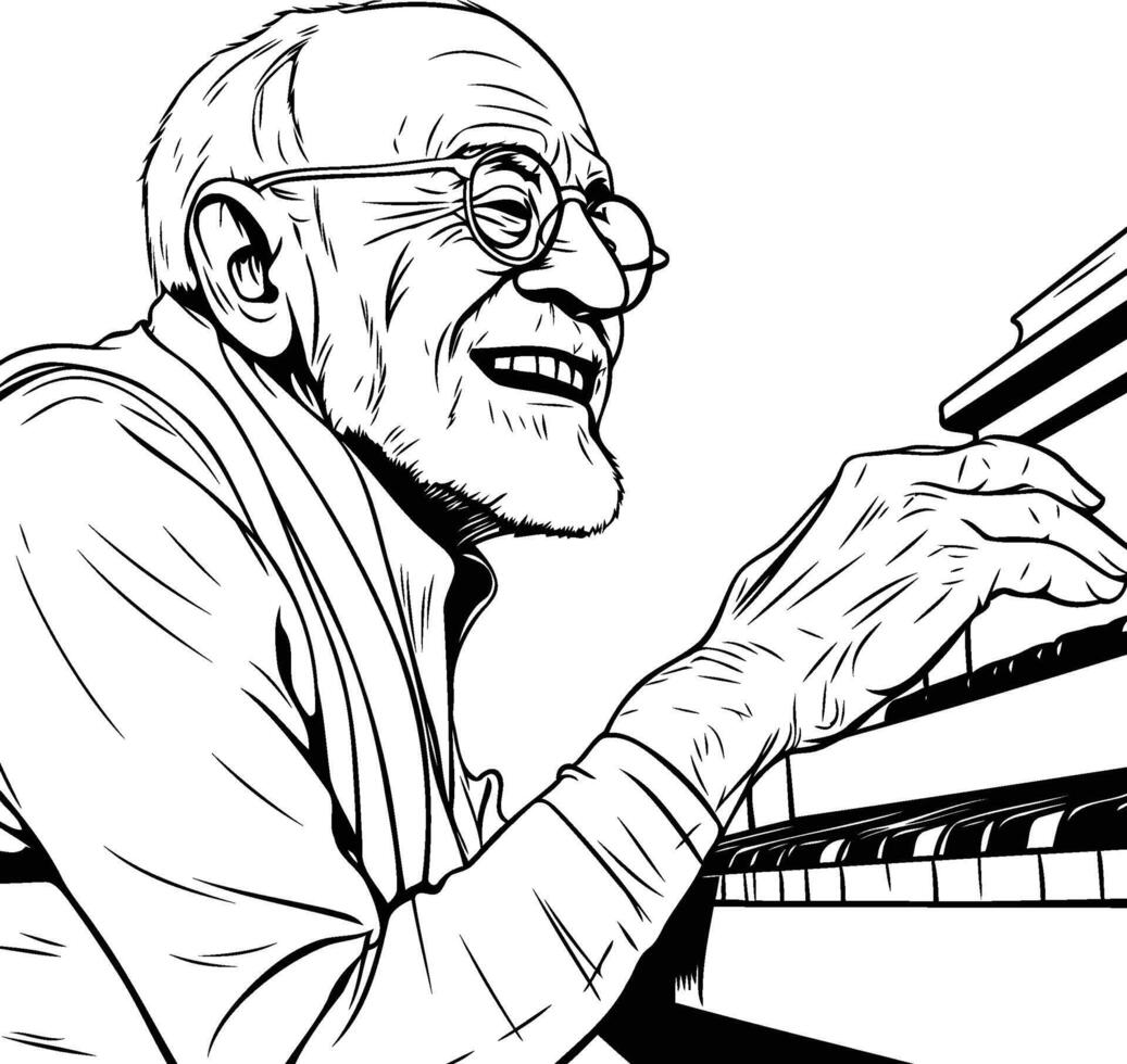 An old man playing the piano in black and white vector