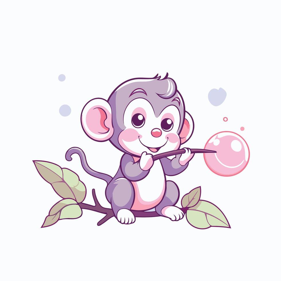 Cute monkey blowing bubble with pink bubble gum vector