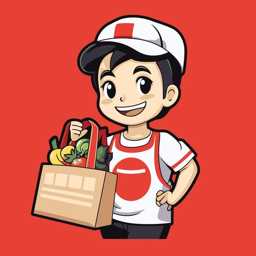 A cartoon boy holding a shopping bag with vegetables vector