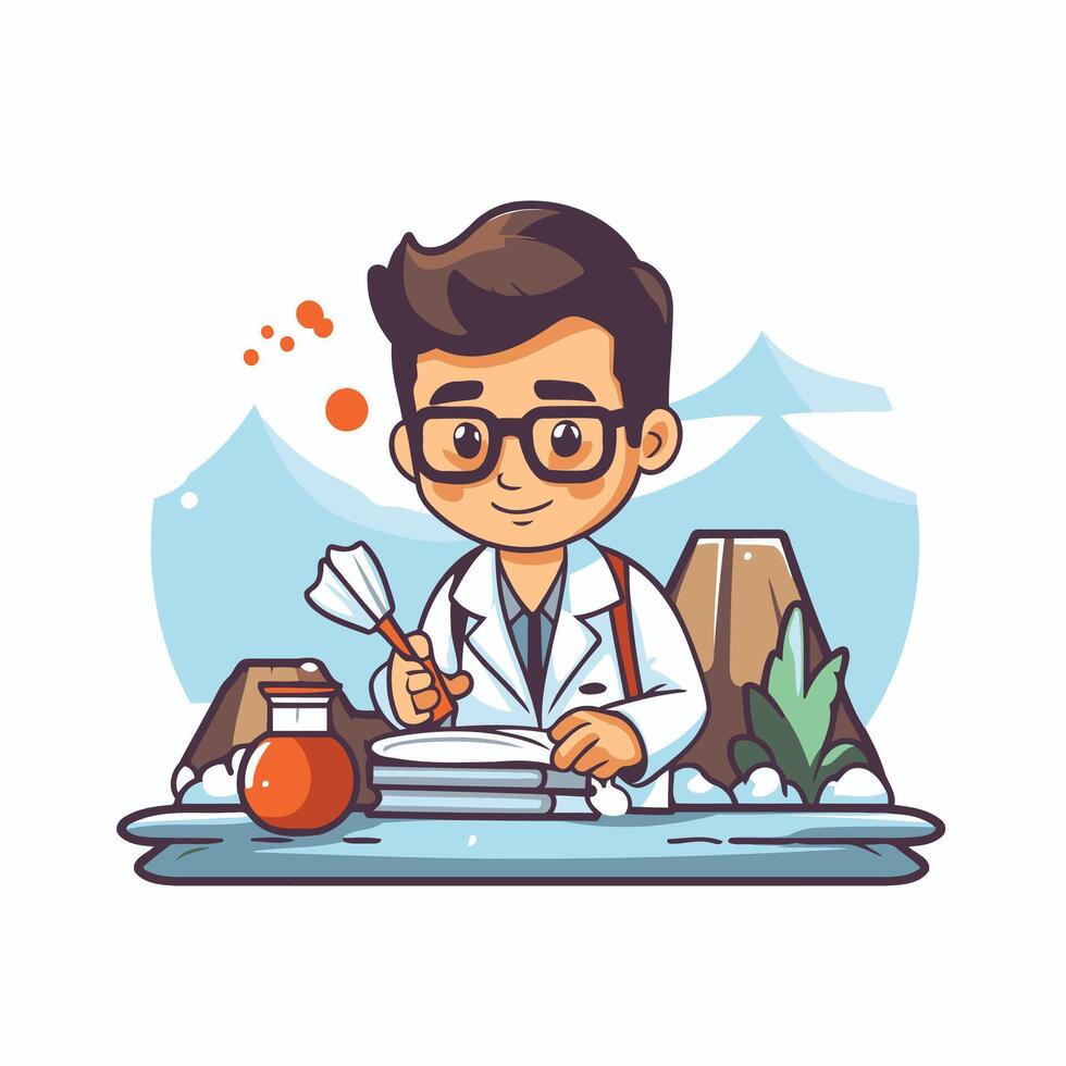 A cartoon man in glasses and a lab coat is working on a project vector