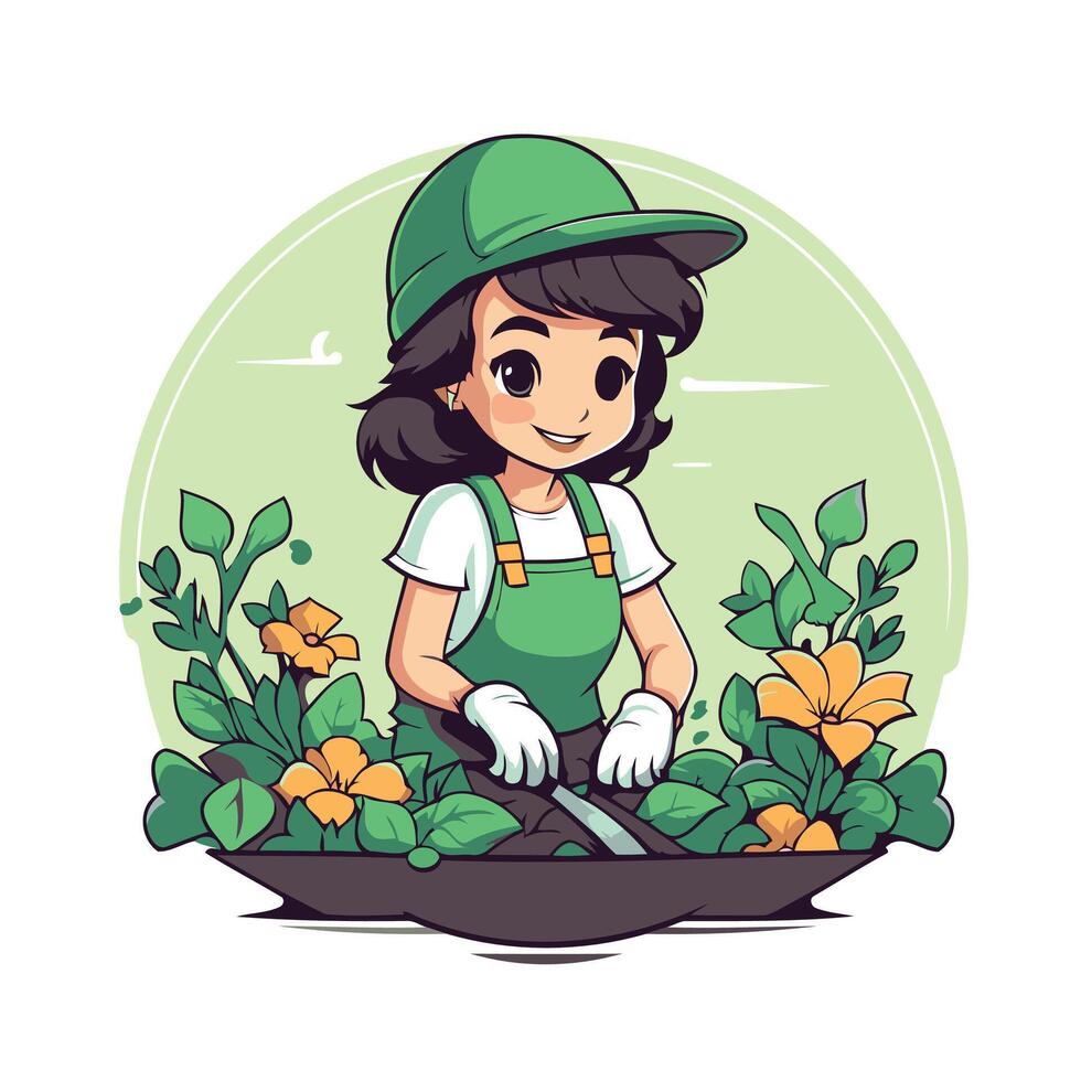 A cartoon girl in an apron and hat is working in the garden vector