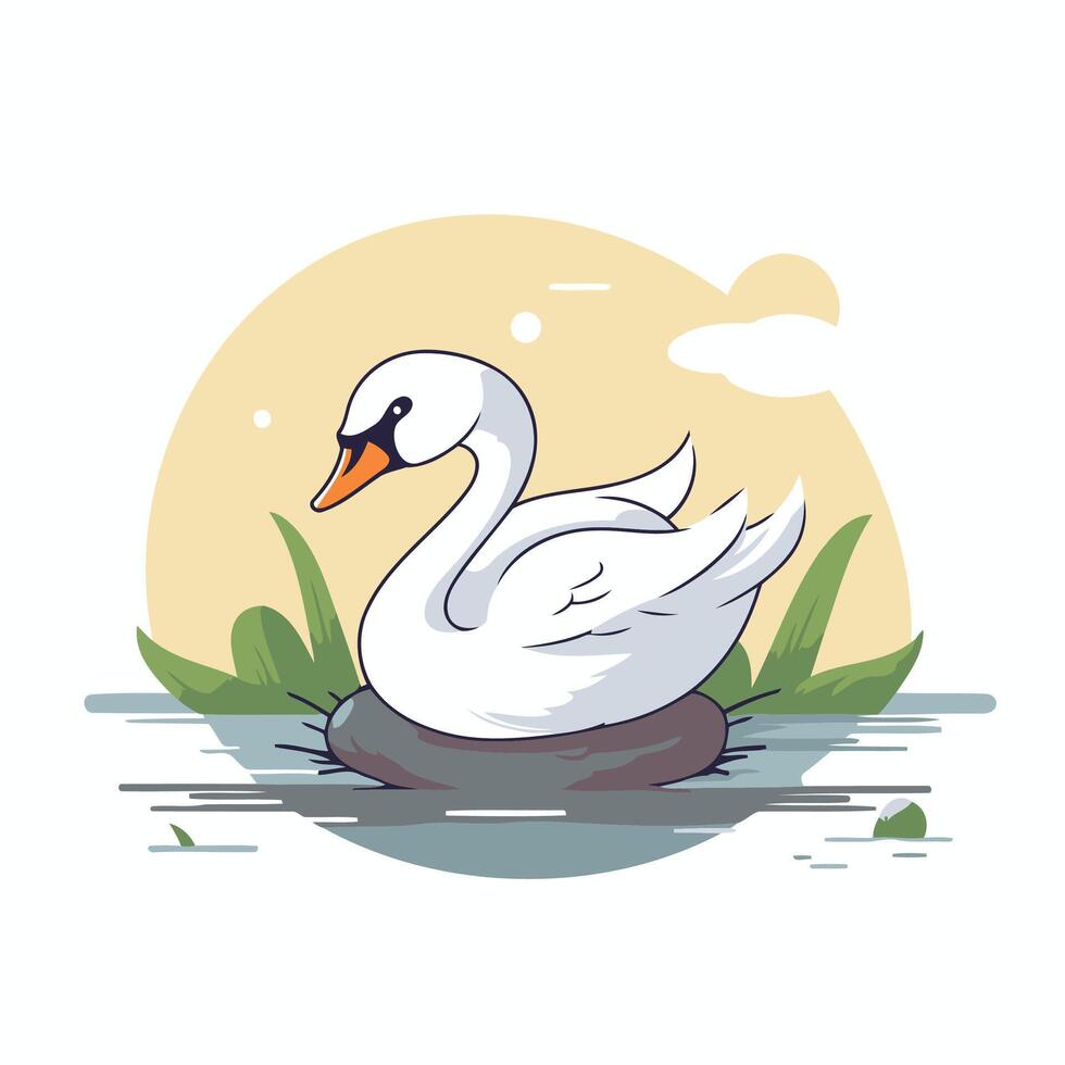 A white swan sitting on a rock in the water vector