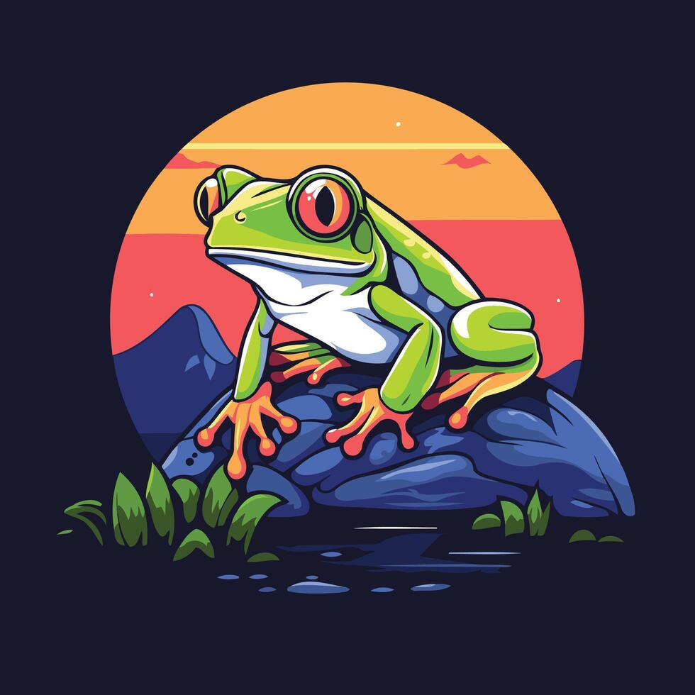 A frog sitting on a rock with a sunset in the background vector