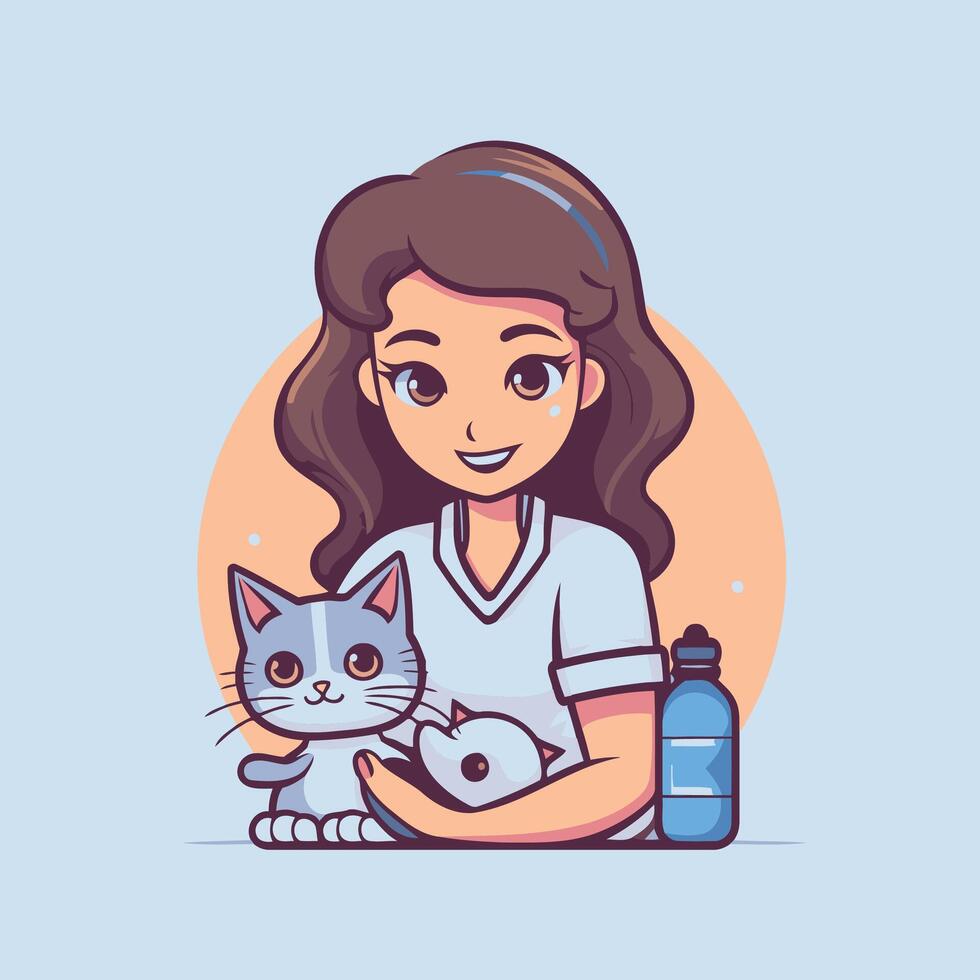 A woman holding a cat and a bottle of water vector