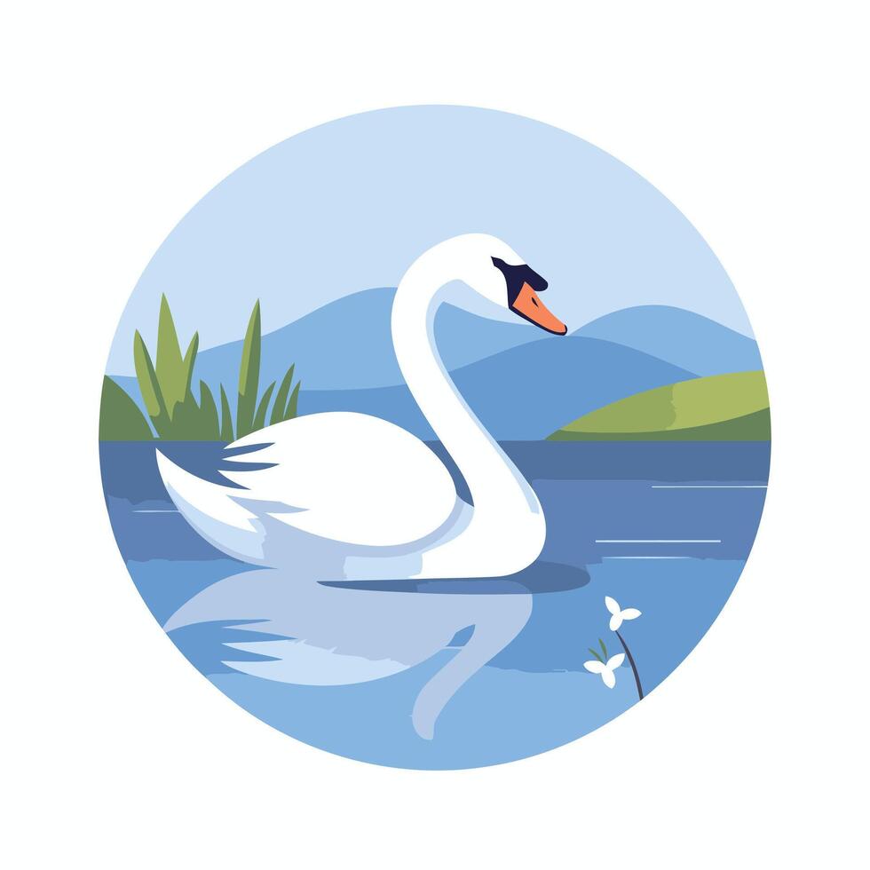 A white swan swimming in a lake with grass and flowers vector