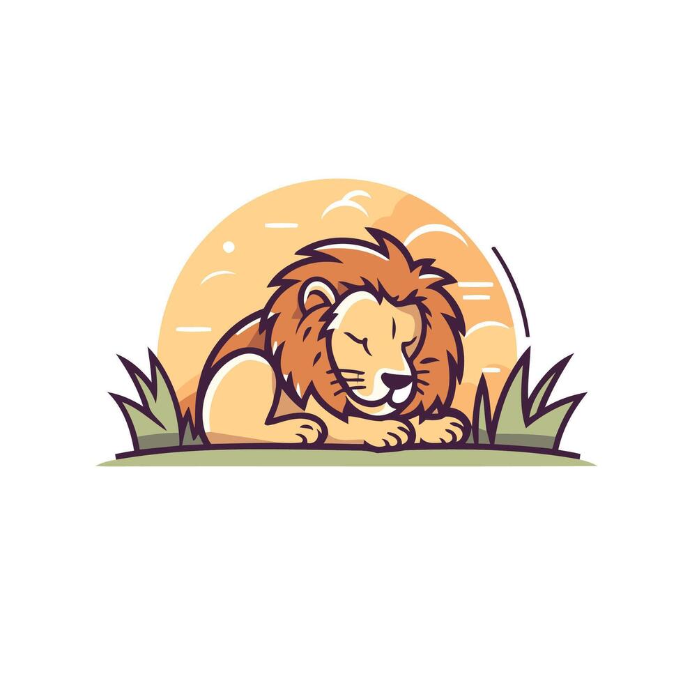 A lion sleeping in the grass with the sun behind it vector