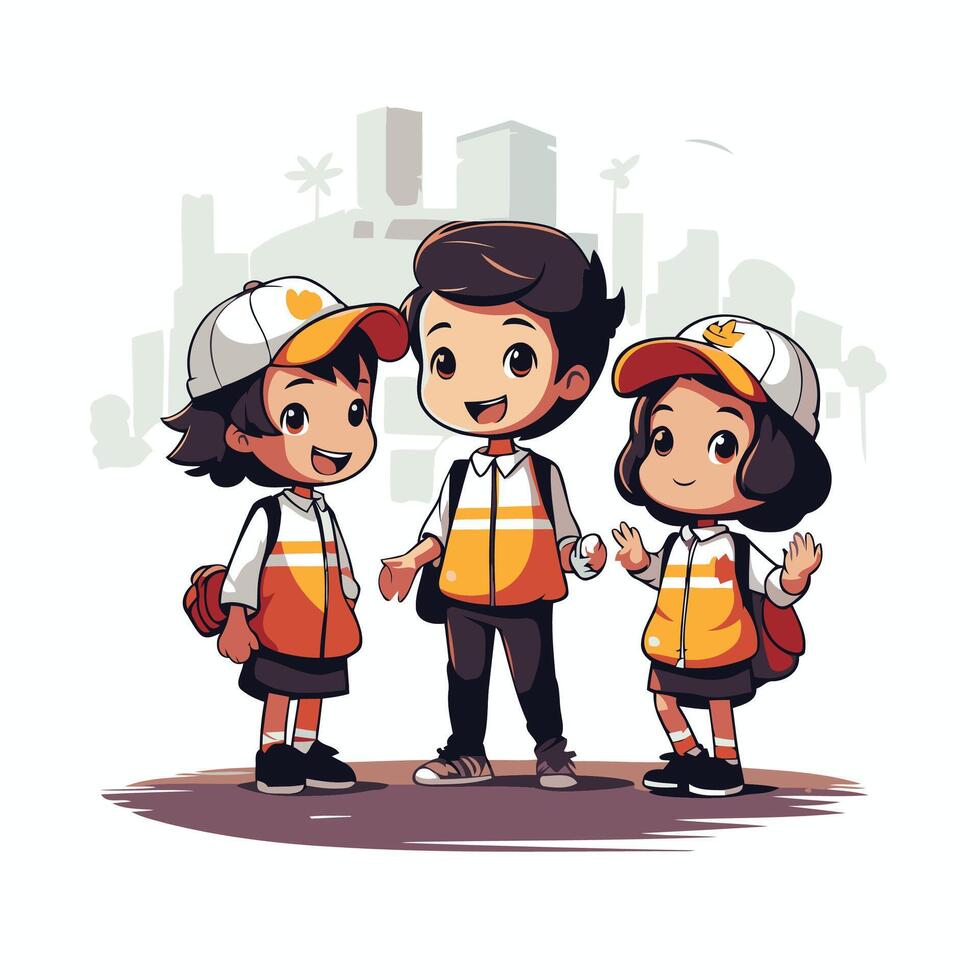 Three children in orange and white uniforms vector