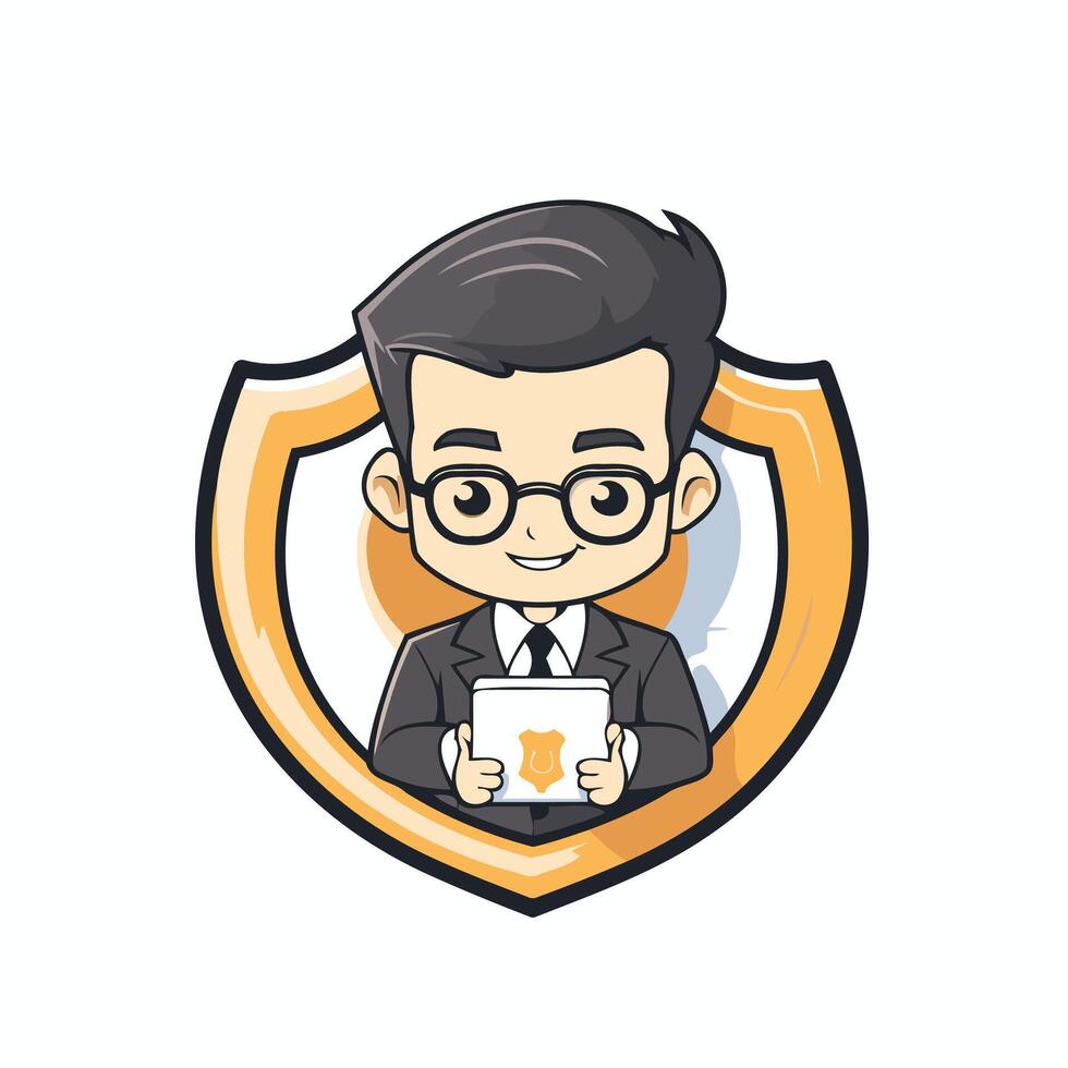 A cartoon man in glasses holding a tablet vector