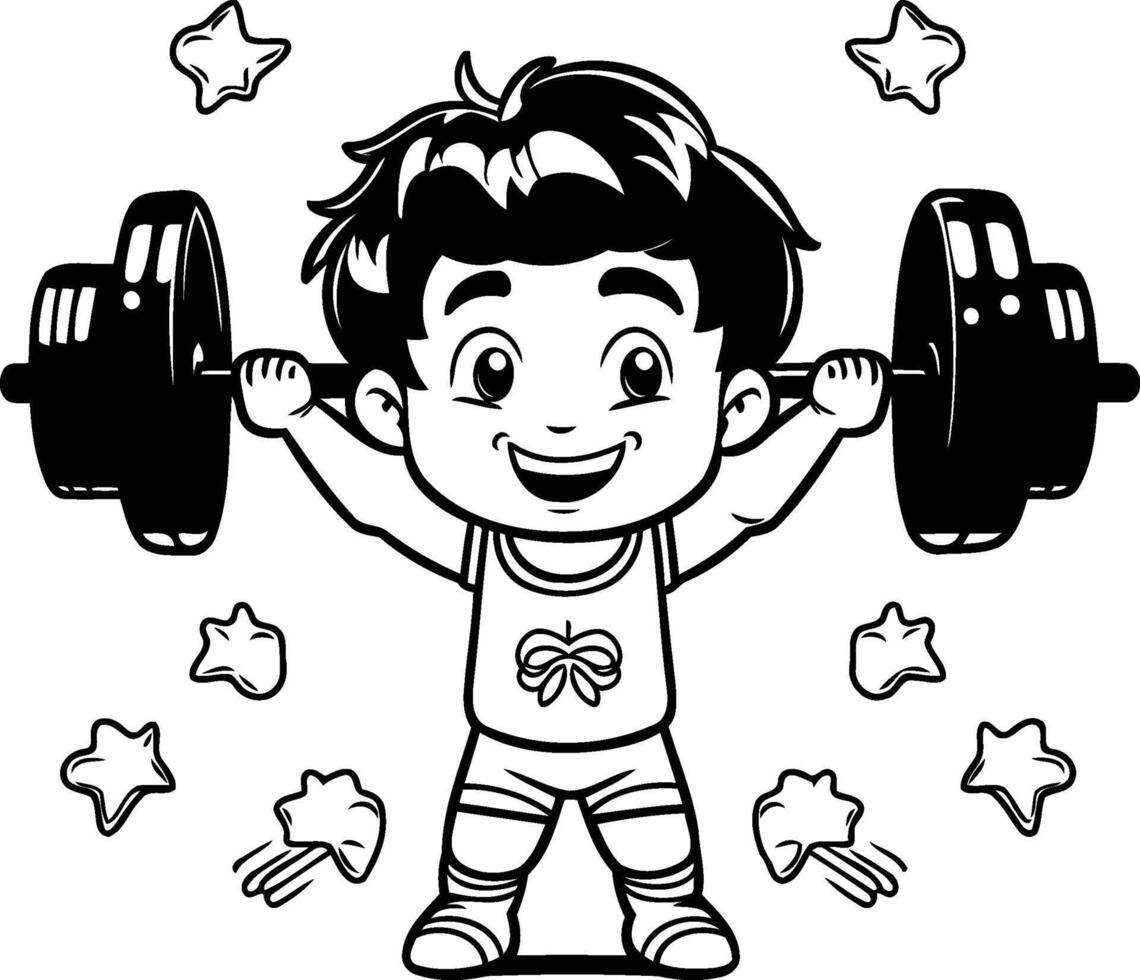A boy lifting weights coloring page vector