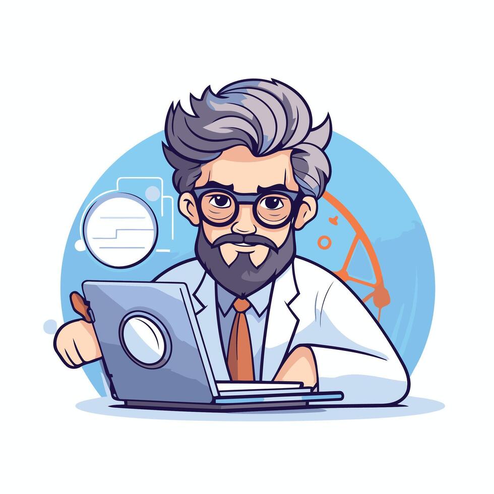 A cartoon man in a lab coat and glasses is working on a laptop vector