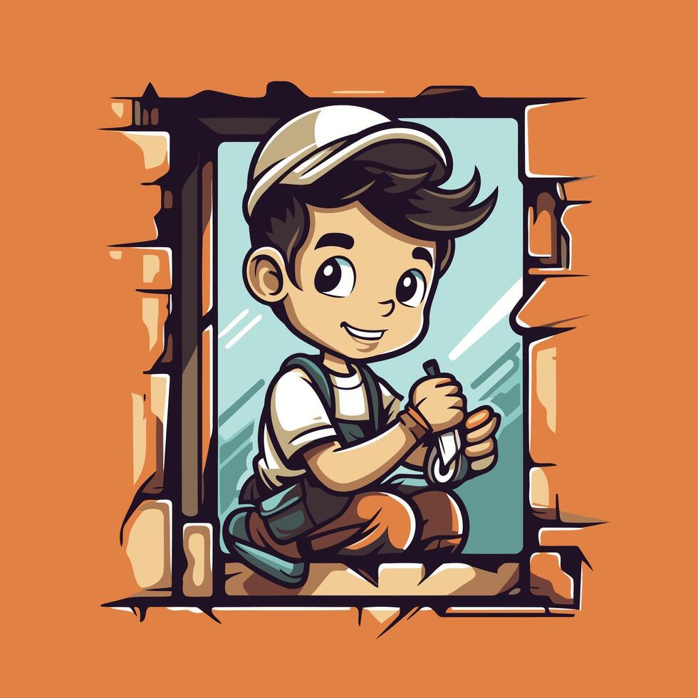 A cartoon boy sitting in a window with a hammer vector