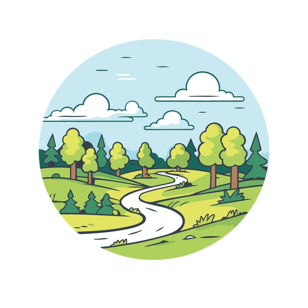 A cartoon illustration of a road in the forest vector