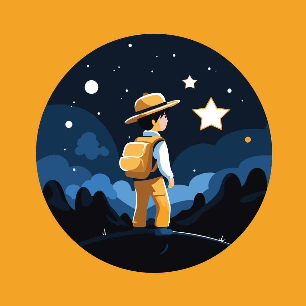A boy with a backpack standing on a hill looking at the stars vector