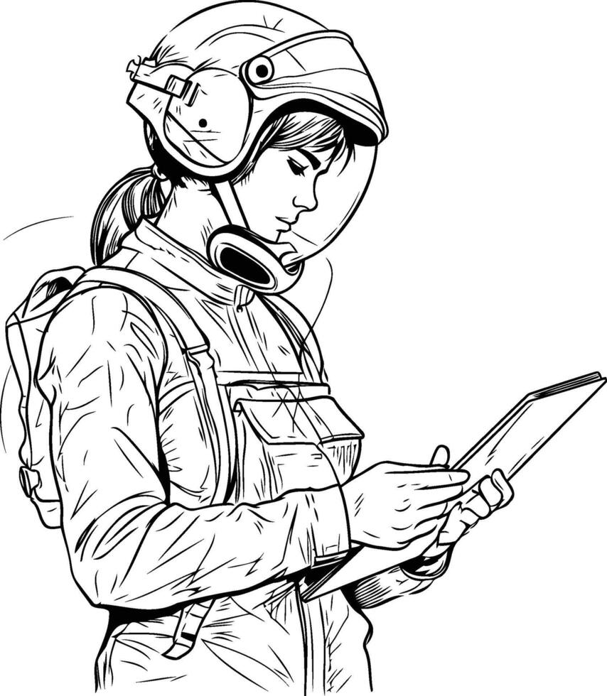 A woman in a helmet and helmet holding a tablet vector