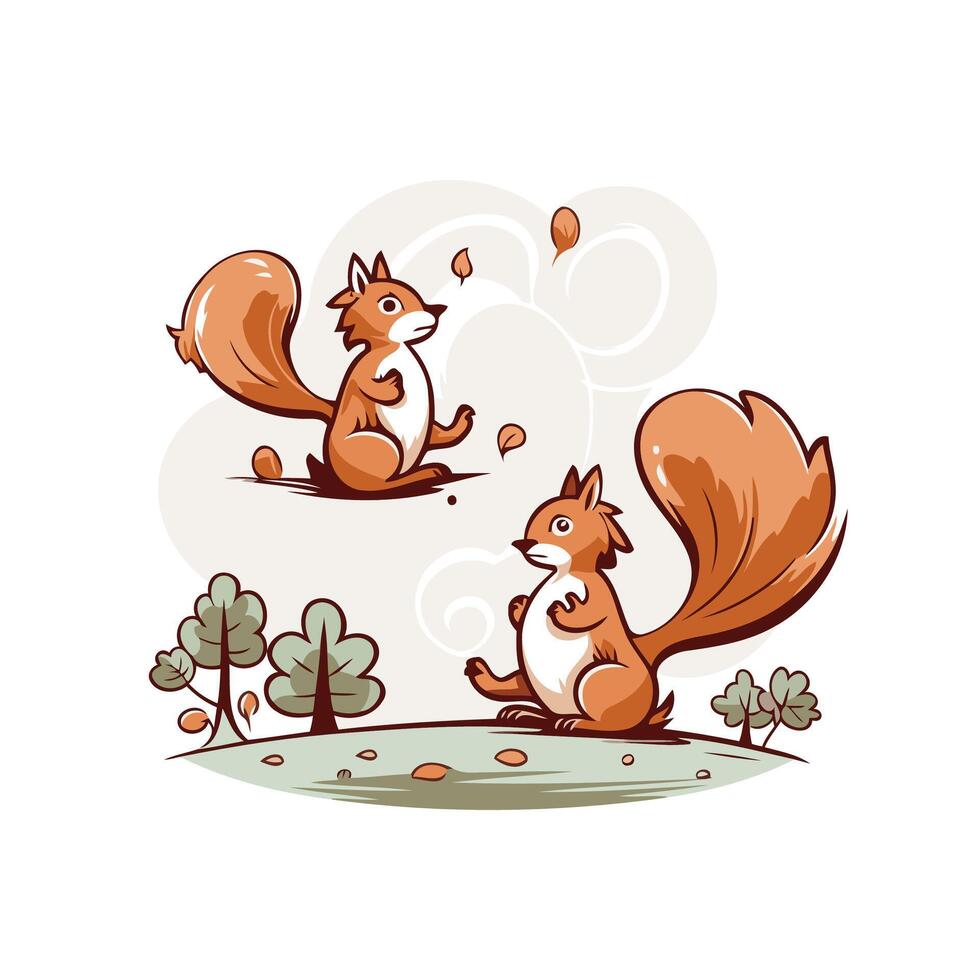 Two squirrels sitting on the ground with leaves vector