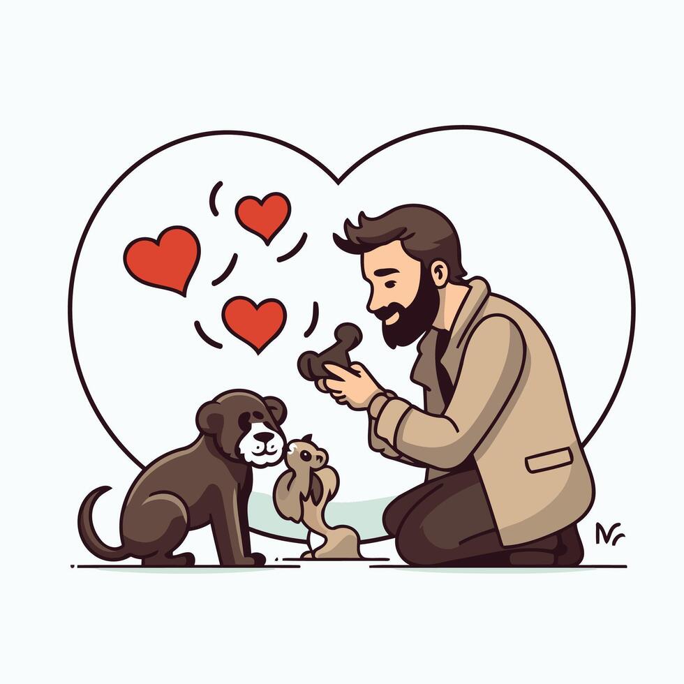 A man with a beard and a dog are looking at each other vector