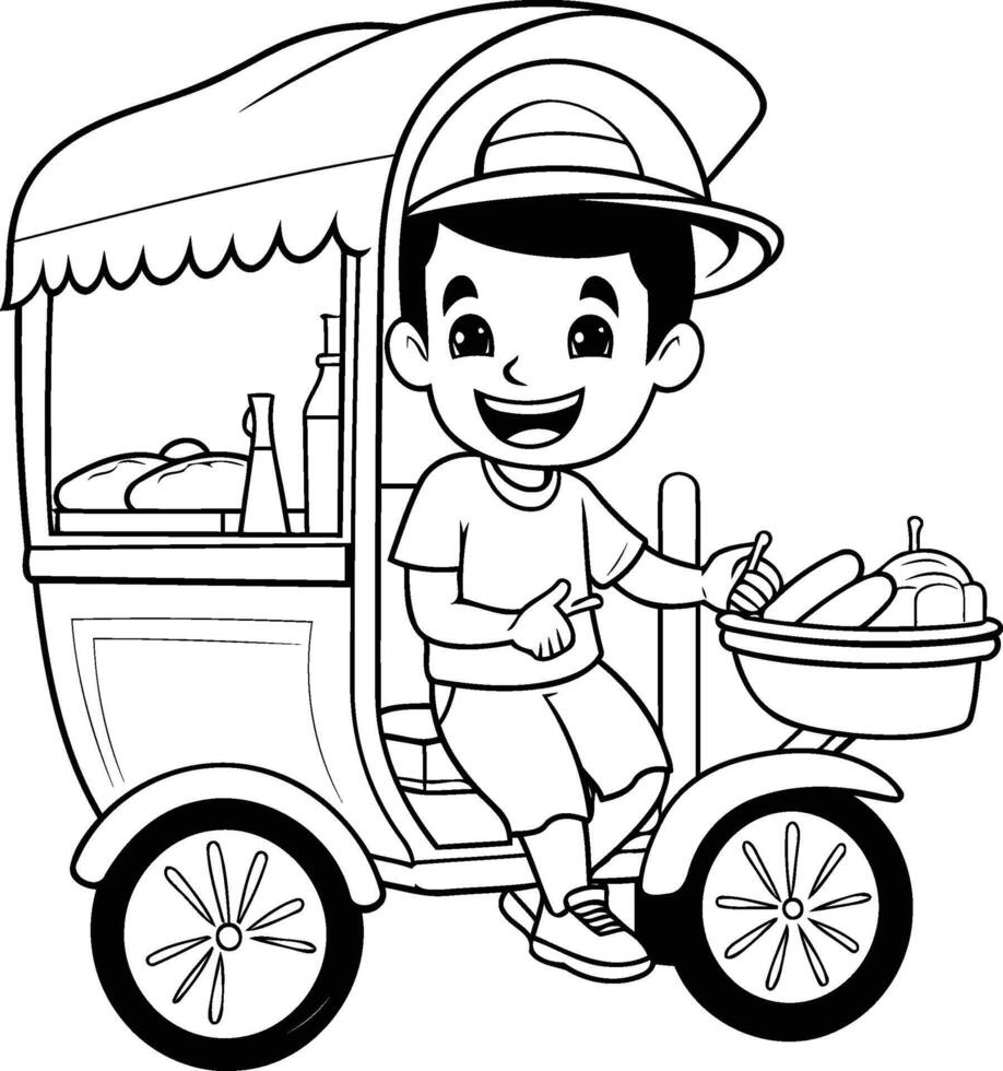 Cartoon boy riding a tricycle coloring page vector