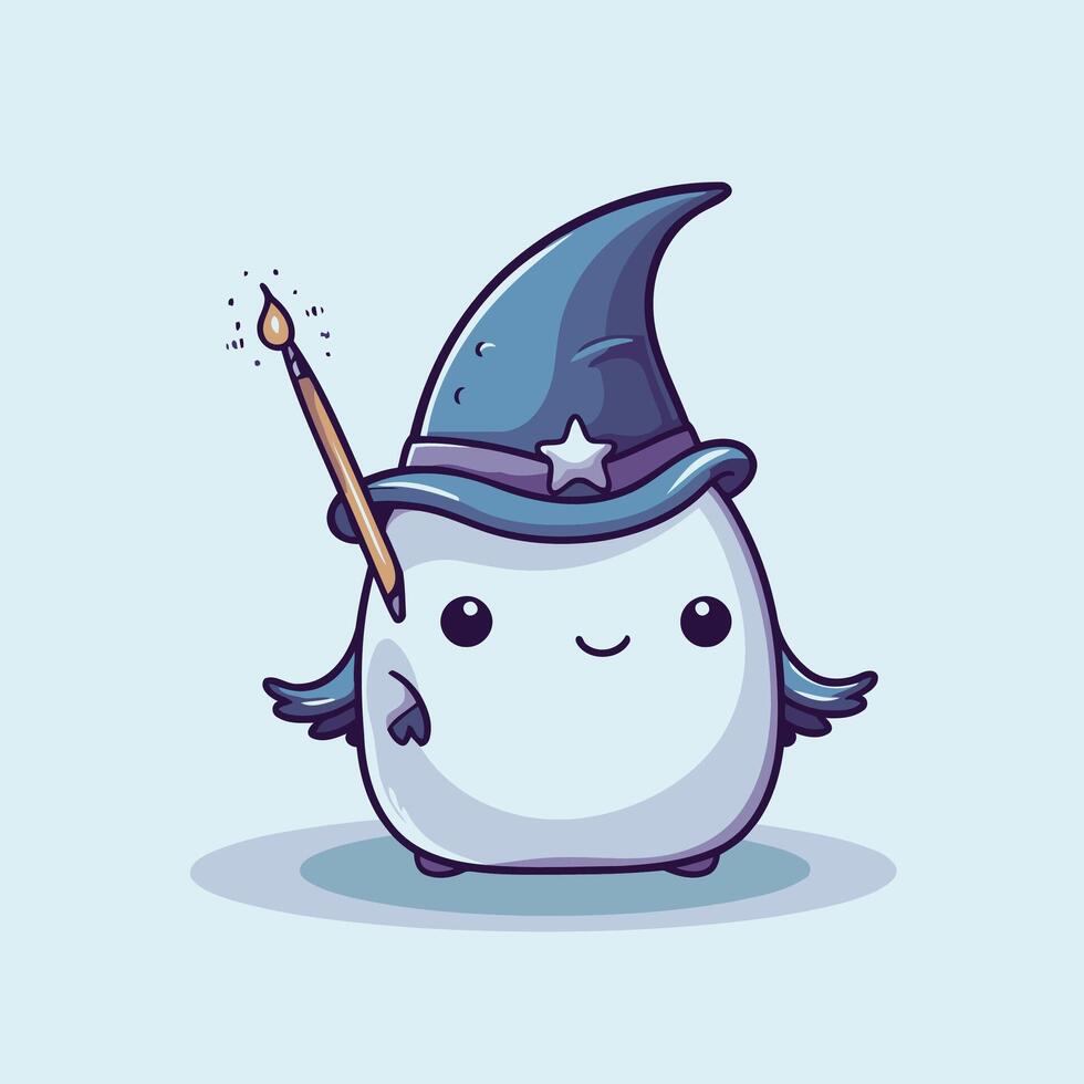 A cute little white owl with a wand and a hat vector
