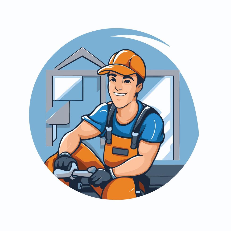 A man in overalls sitting on a ladder vector