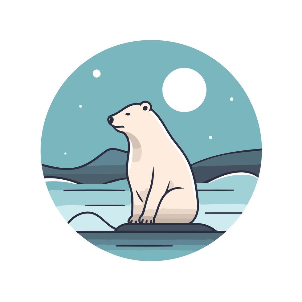 Polar bear sitting on ice in the night sky vector