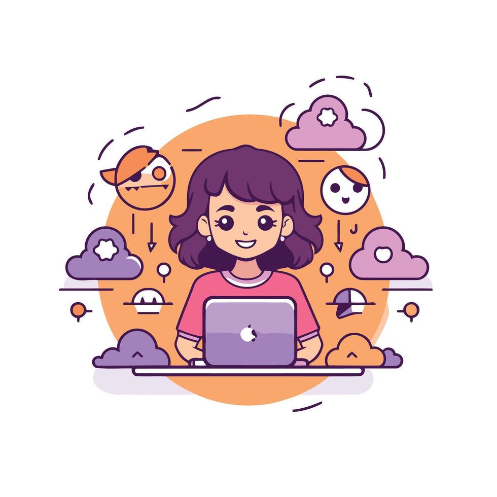 A woman is sitting at a desk with a laptop and a cloud vector