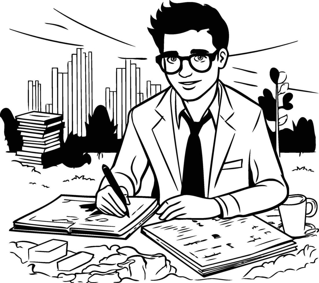 A man in glasses is writing on a piece of paper vector