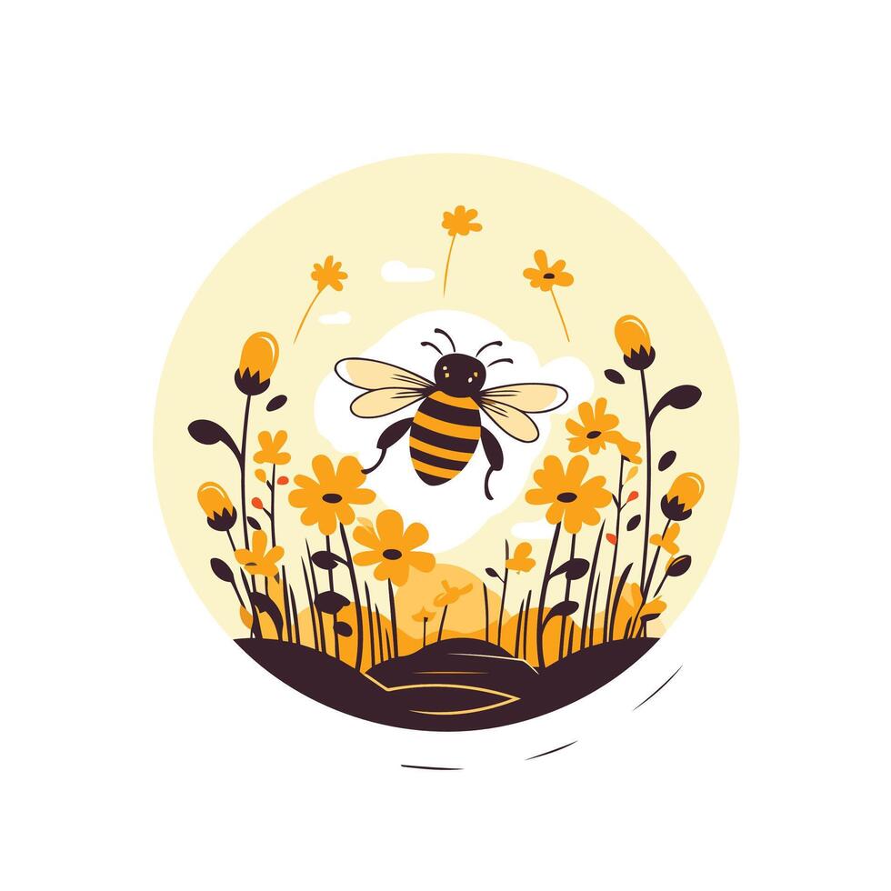 Bee in the field with flowers and flowers vector