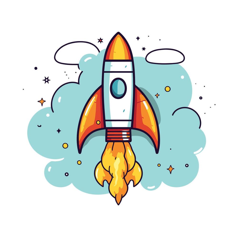 Rocket ship with clouds and stars illustration vector