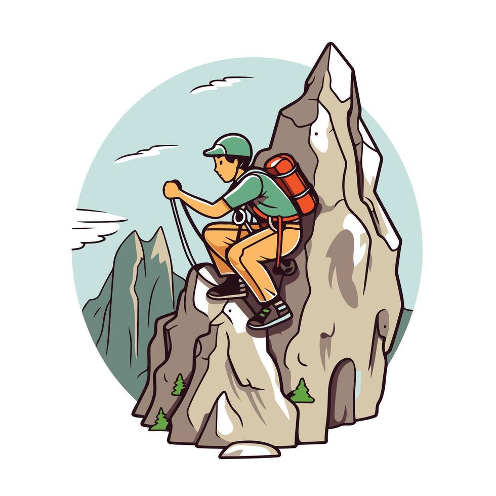 A man is climbing on a mountain vector