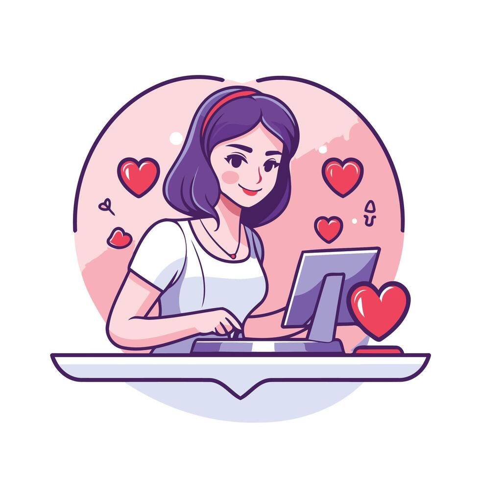 A woman is working on a computer with hearts around her vector